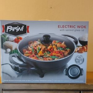 Parini Black Electric Wok with Vented Glass Lid